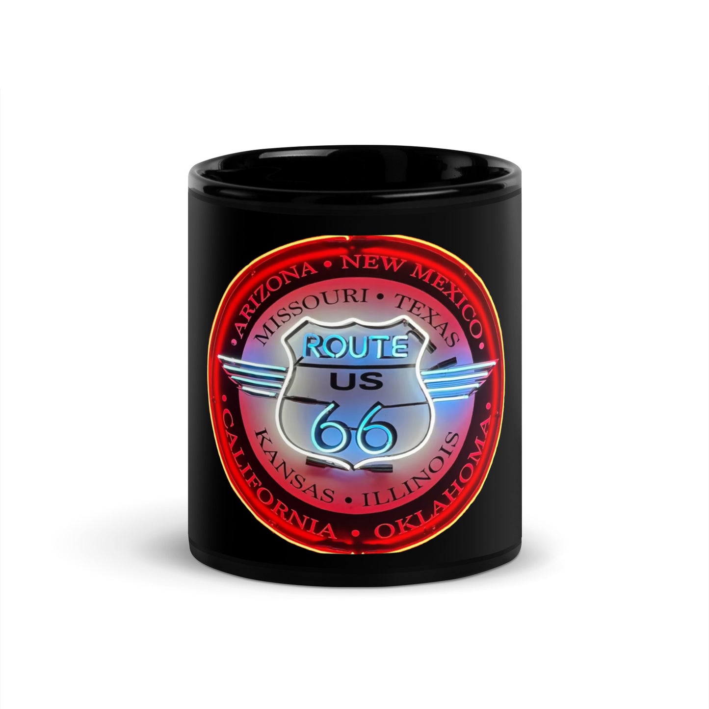 Vintage Route 66 Neon Style Lit Black Glossy Mug