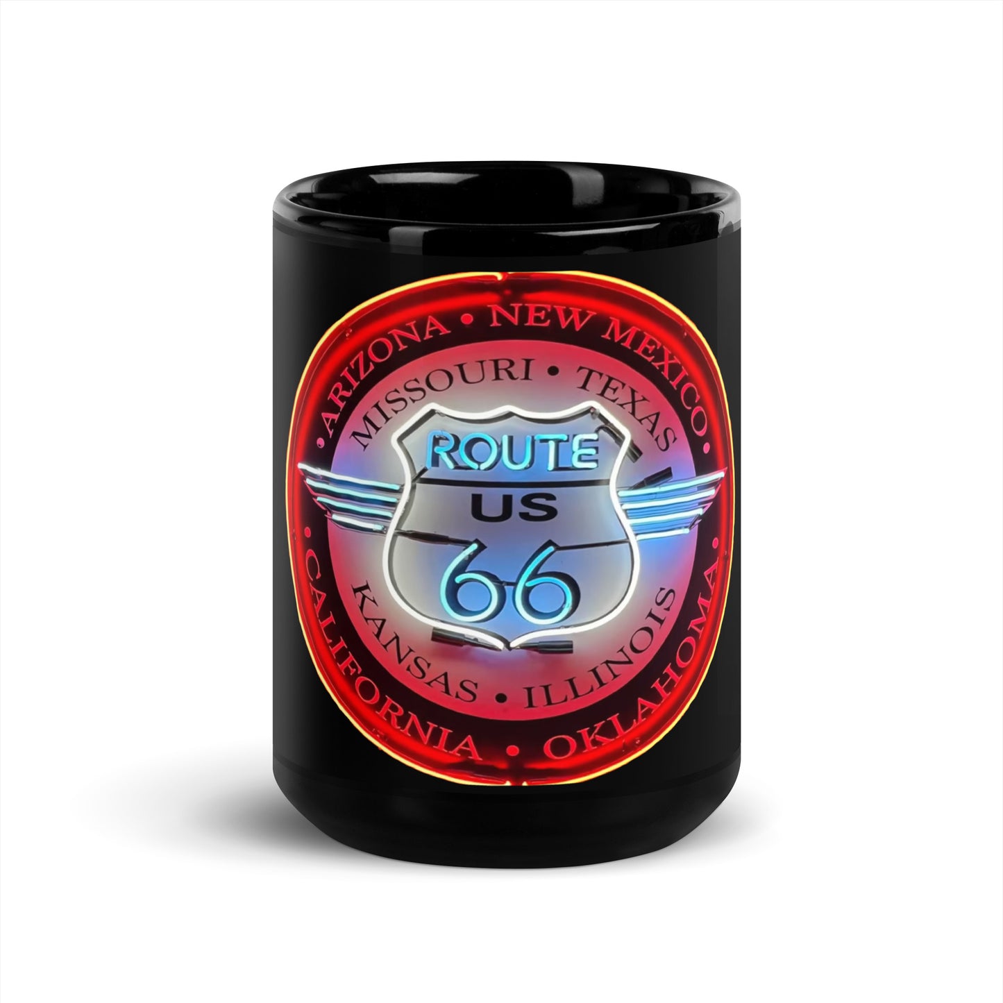 Vintage Route 66 Neon Style Lit Black Glossy Mug