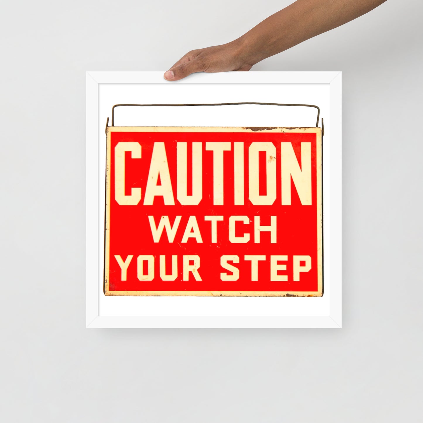 Vintage Wire Hung Caution Sign Framed poster