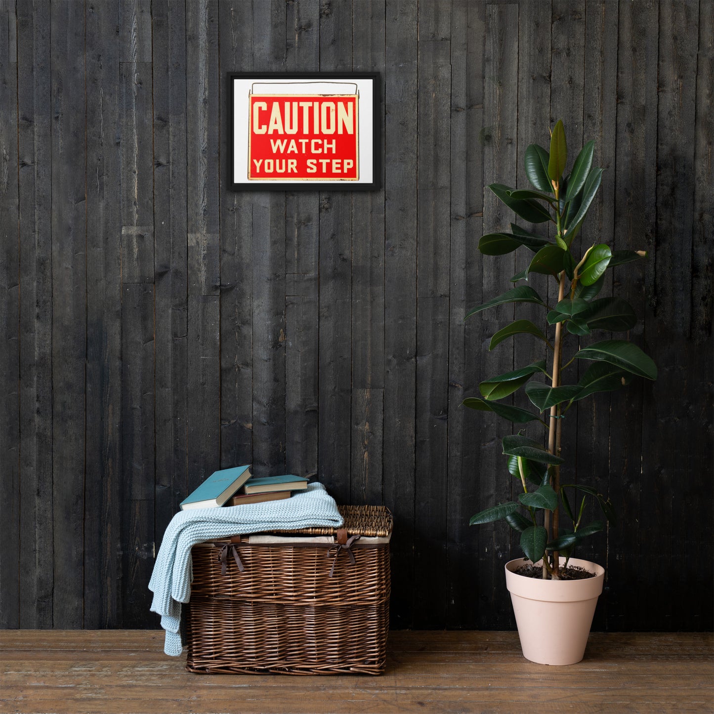 Vintage Wire Hung Caution Sign Framed canvas