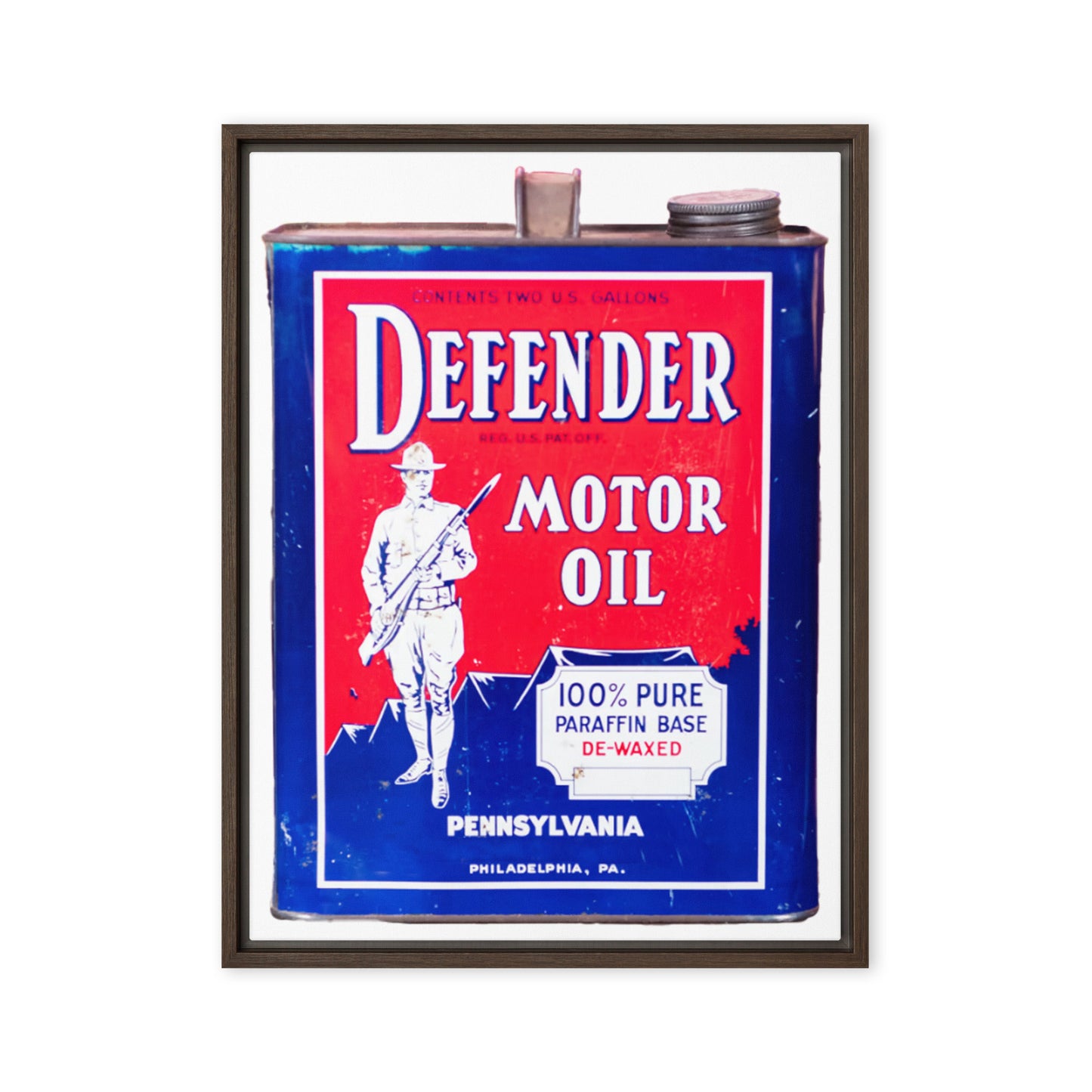 Vintage Defender Oil Steel Can Design Framed canvas