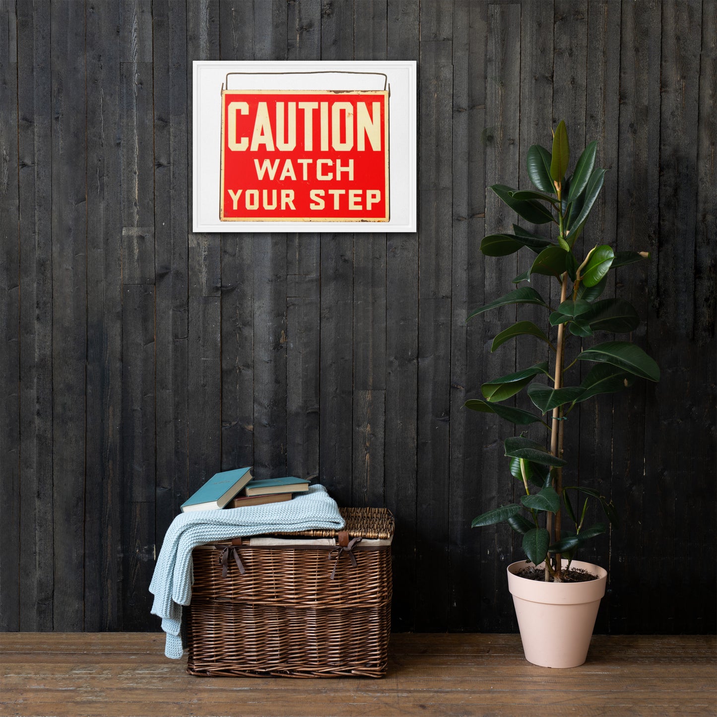 Vintage Wire Hung Caution Sign Framed canvas