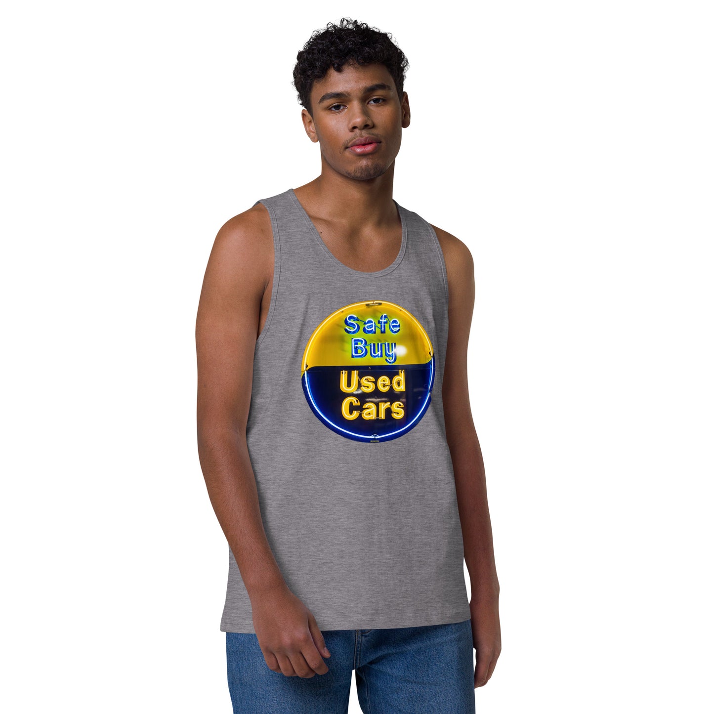 Buy Safe Vintage Used Car Sign Neon Style Men’s premium tank top