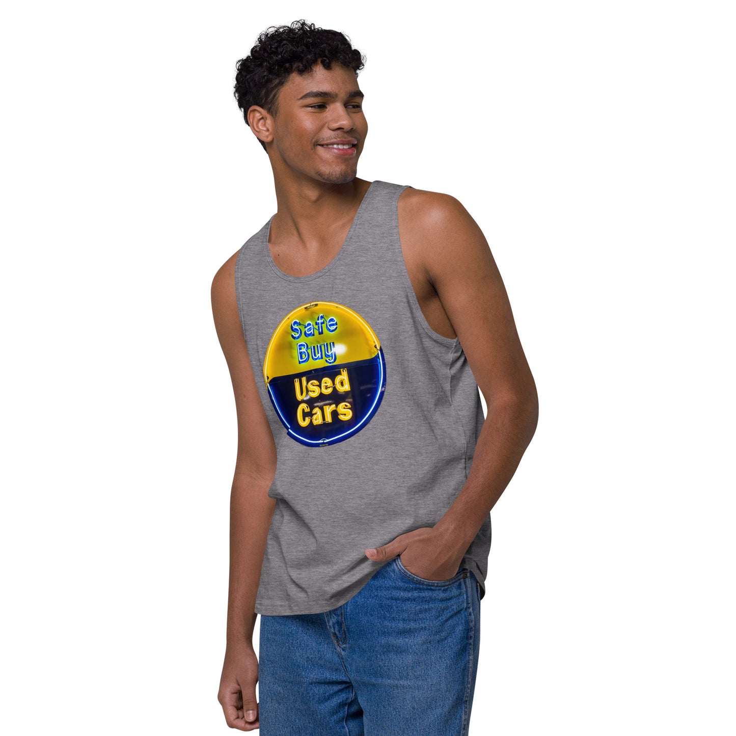 Buy Safe Vintage Used Car Sign Neon Style Men’s premium tank top