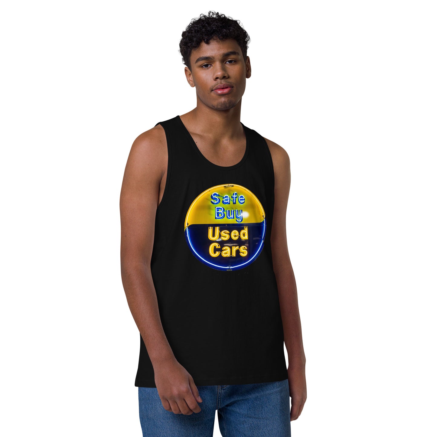Buy Safe Vintage Used Car Sign Neon Style Men’s premium tank top