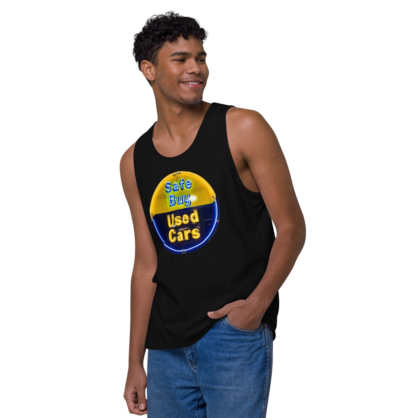 Buy Safe Vintage Used Car Sign Neon Style Men’s premium tank top