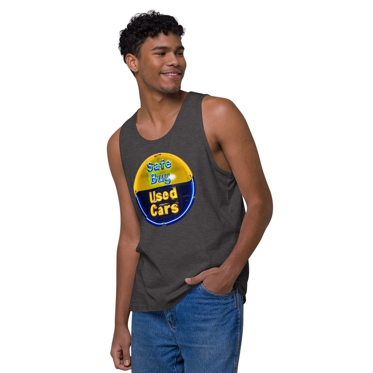 Buy Safe Vintage Used Car Sign Neon Style Men’s premium tank top