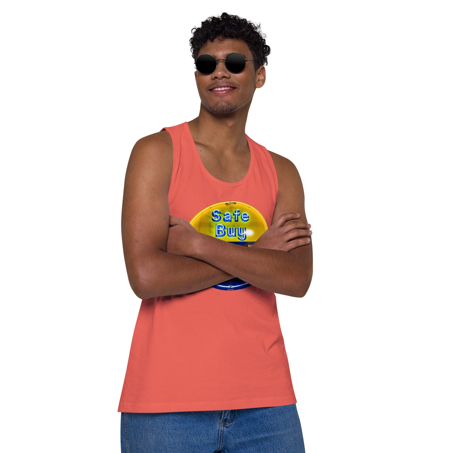 Buy Safe Vintage Used Car Sign Neon Style Men’s premium tank top