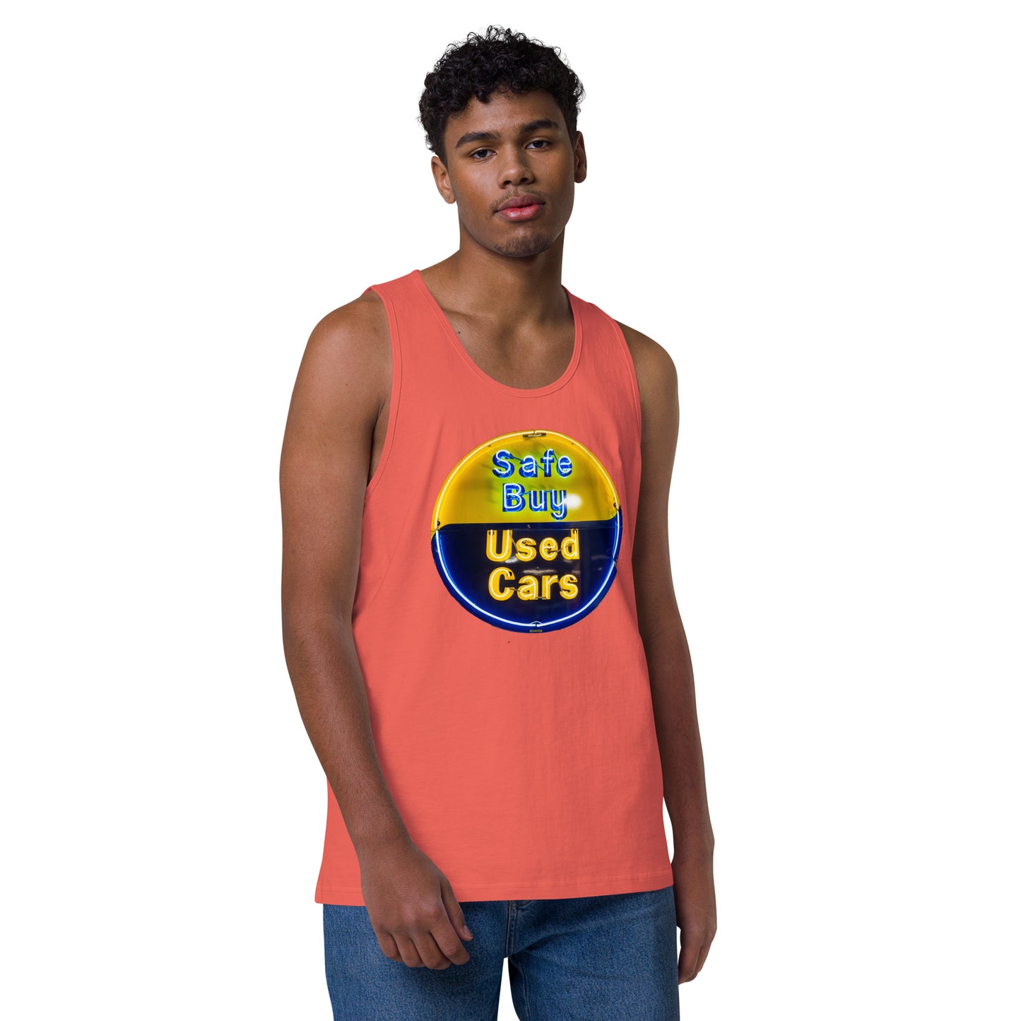 Buy Safe Vintage Used Car Sign Neon Style Men’s premium tank top