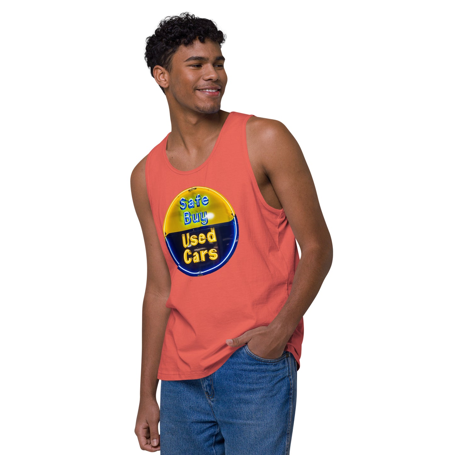 Buy Safe Vintage Used Car Sign Neon Style Men’s premium tank top