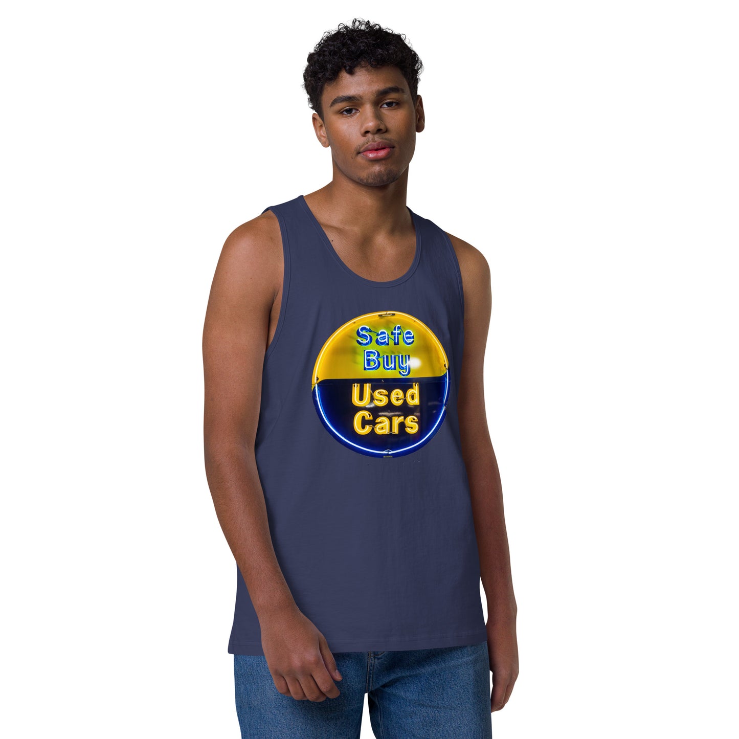 Buy Safe Vintage Used Car Sign Neon Style Men’s premium tank top