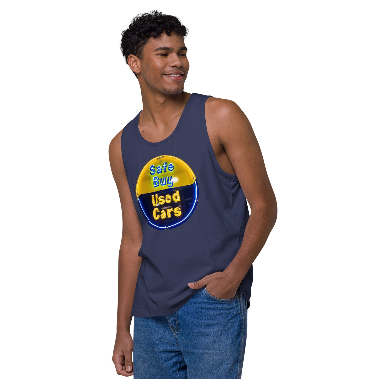 Buy Safe Vintage Used Car Sign Neon Style Men’s premium tank top