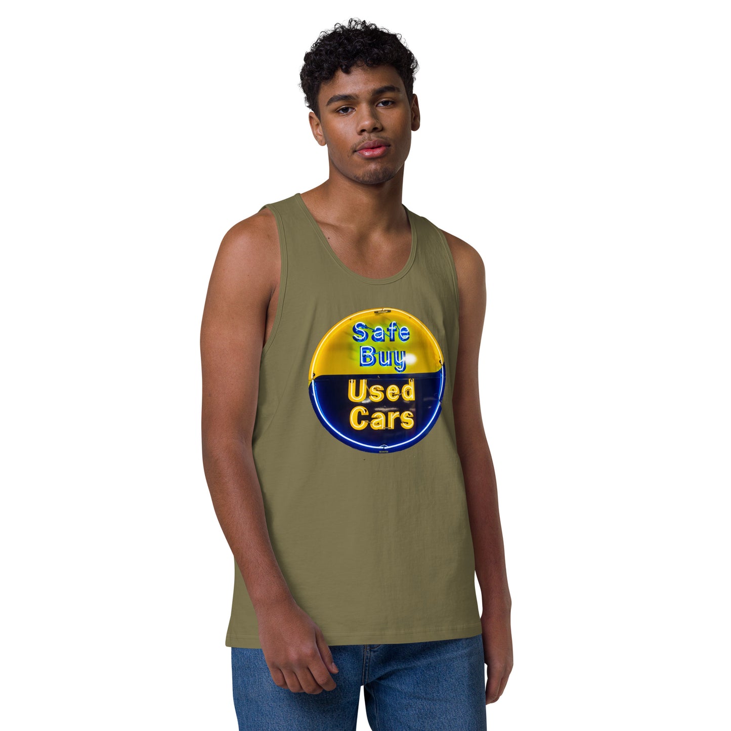 Buy Safe Vintage Used Car Sign Neon Style Men’s premium tank top
