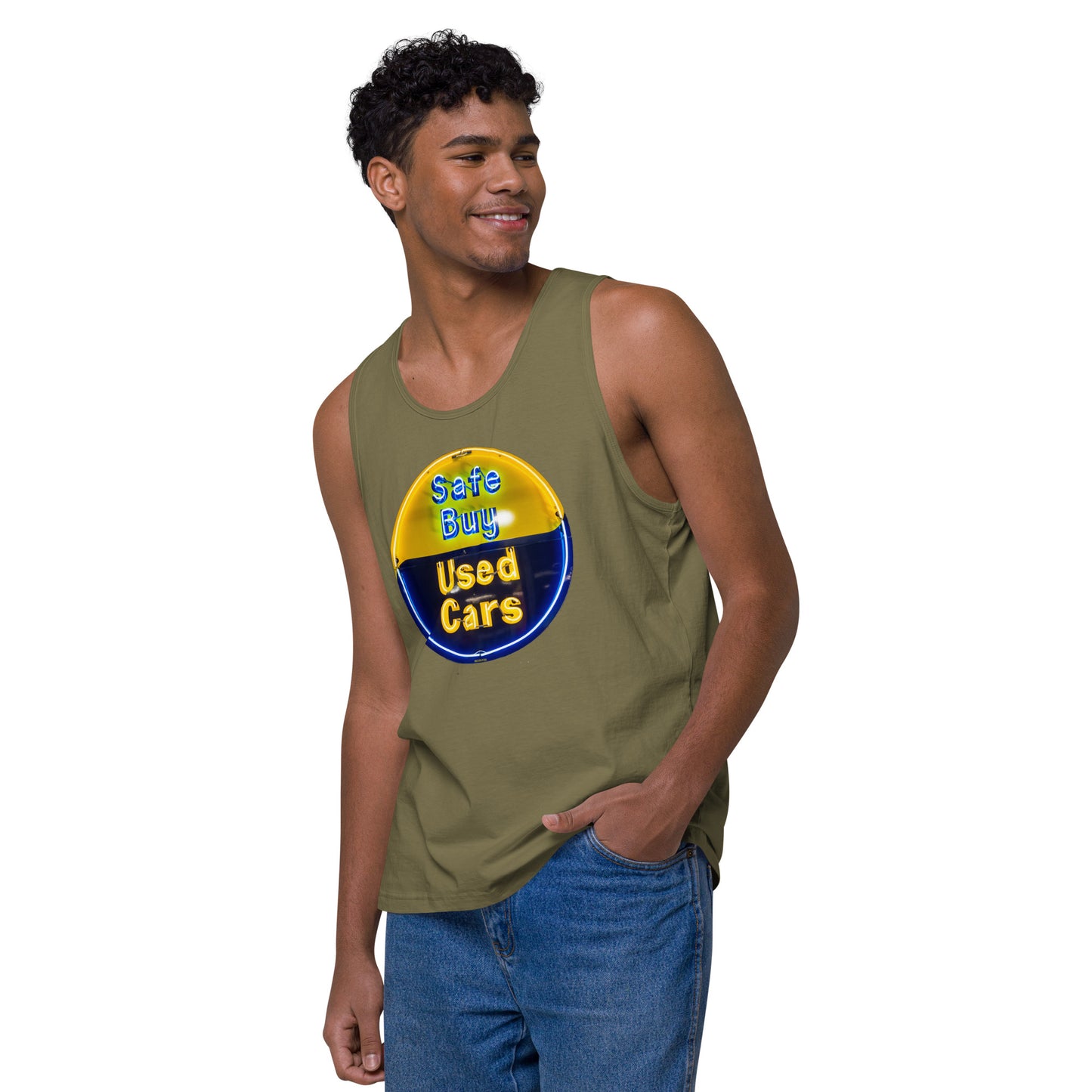 Buy Safe Vintage Used Car Sign Neon Style Men’s premium tank top