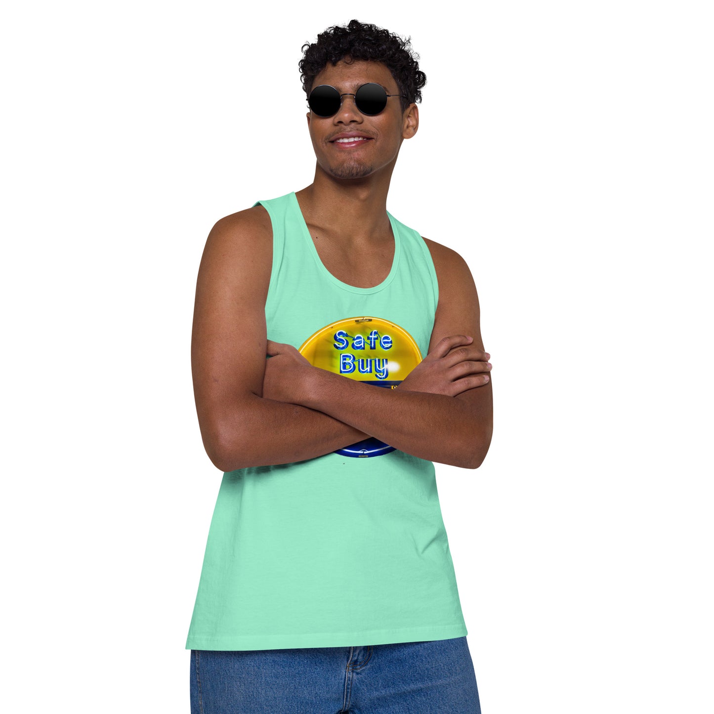 Buy Safe Vintage Used Car Sign Neon Style Men’s premium tank top