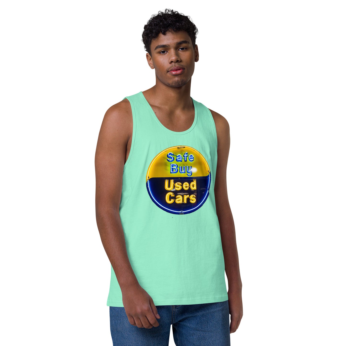 Buy Safe Vintage Used Car Sign Neon Style Men’s premium tank top