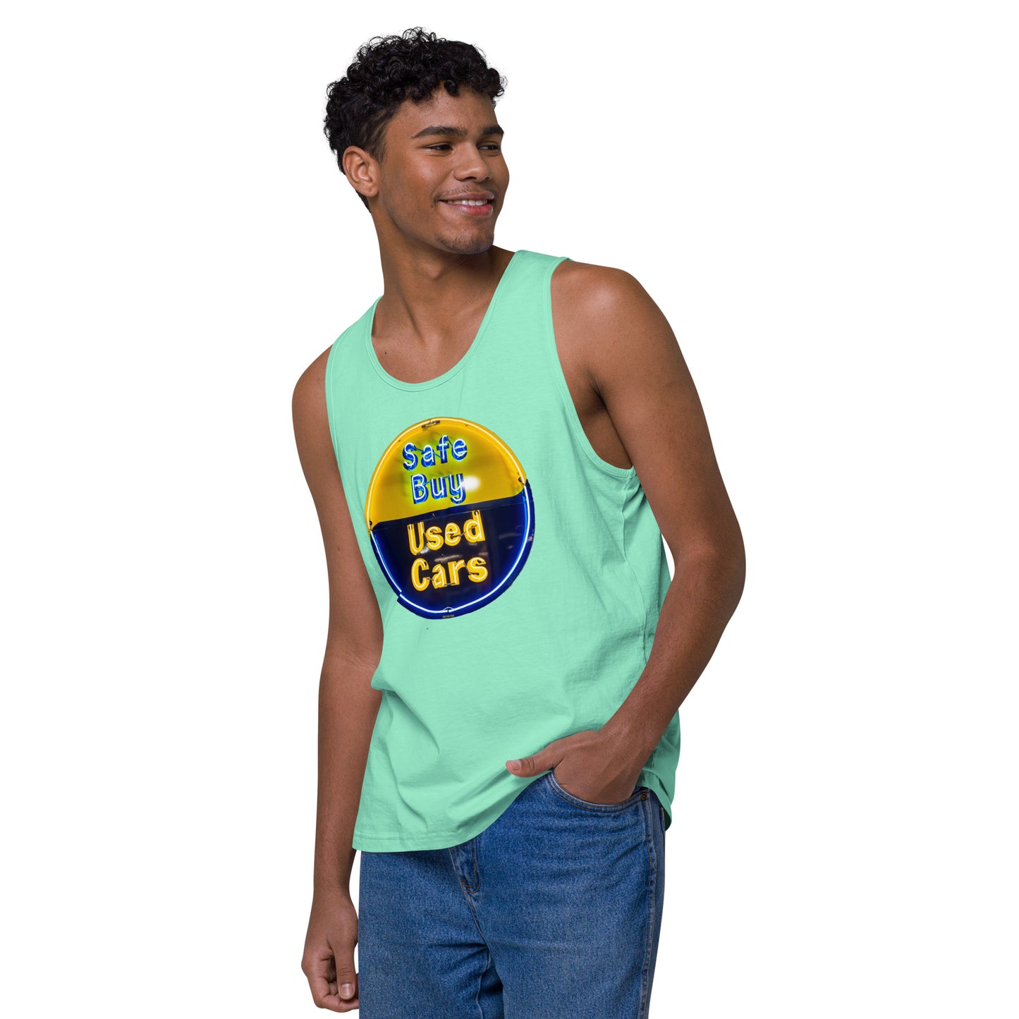 Buy Safe Vintage Used Car Sign Neon Style Men’s premium tank top
