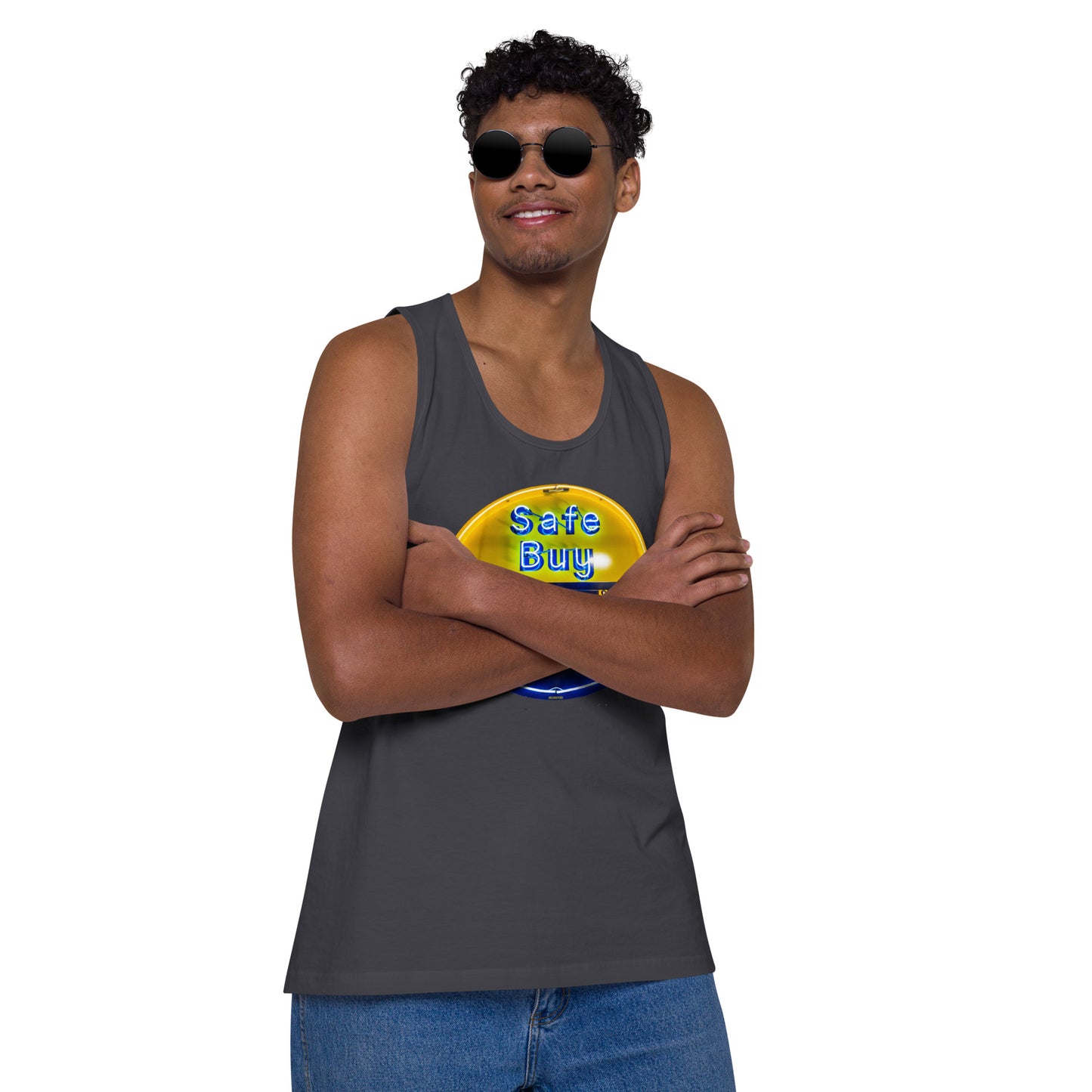 Buy Safe Vintage Used Car Sign Neon Style Men’s premium tank top