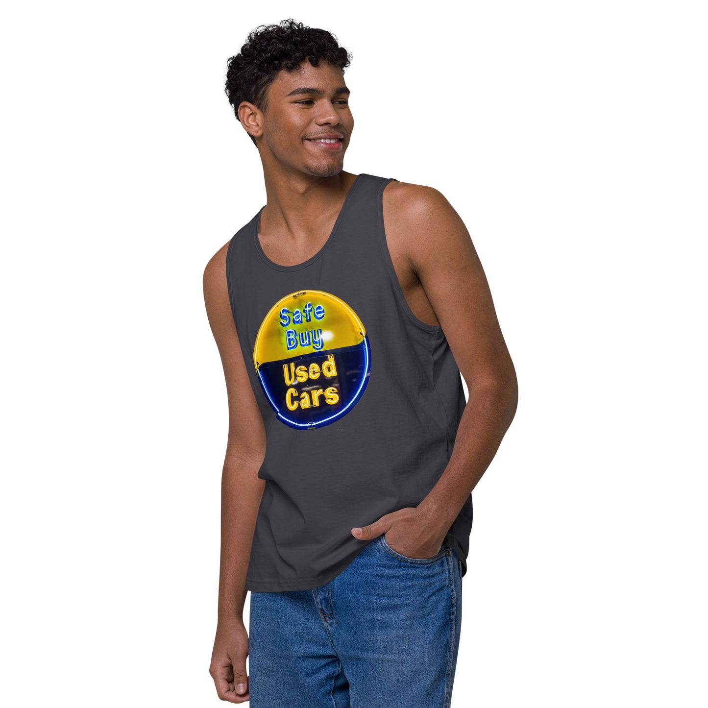 Buy Safe Vintage Used Car Sign Neon Style Men’s premium tank top