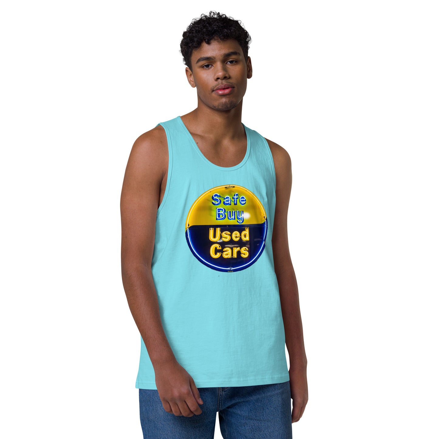Buy Safe Vintage Used Car Sign Neon Style Men’s premium tank top