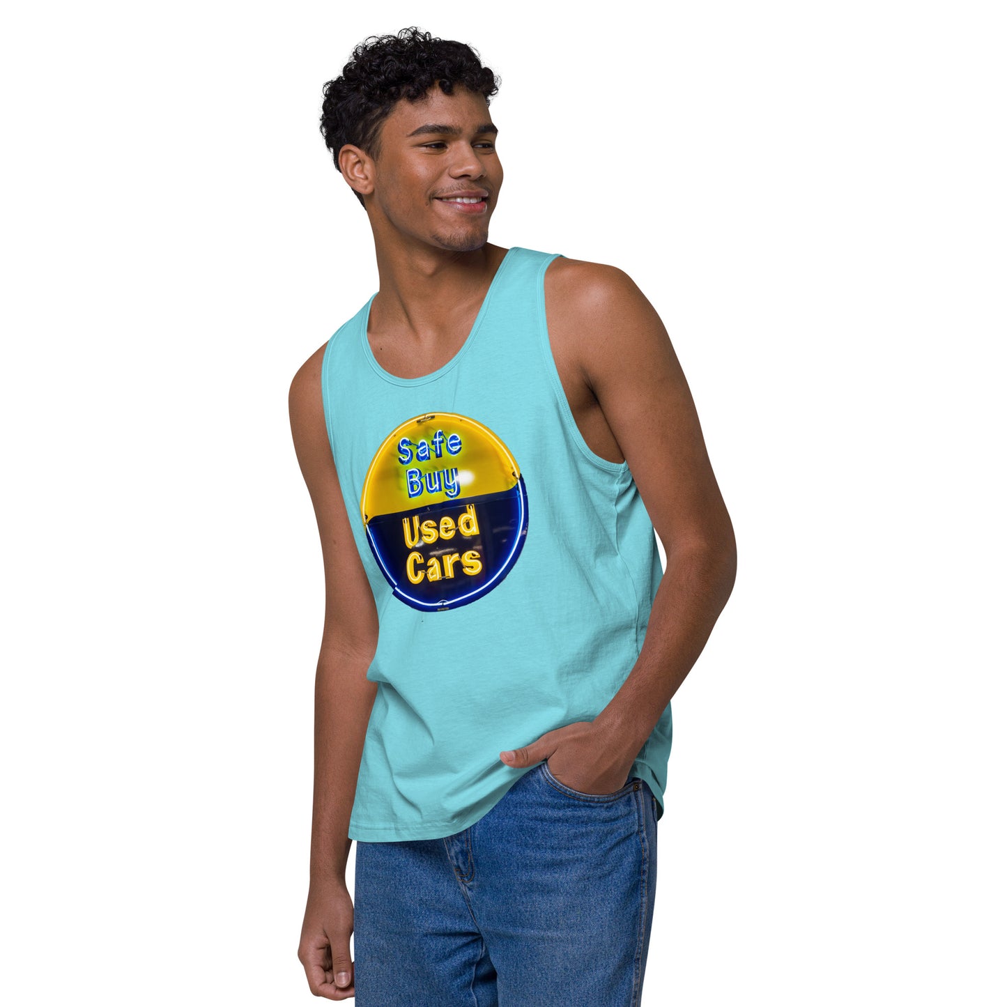 Buy Safe Vintage Used Car Sign Neon Style Men’s premium tank top