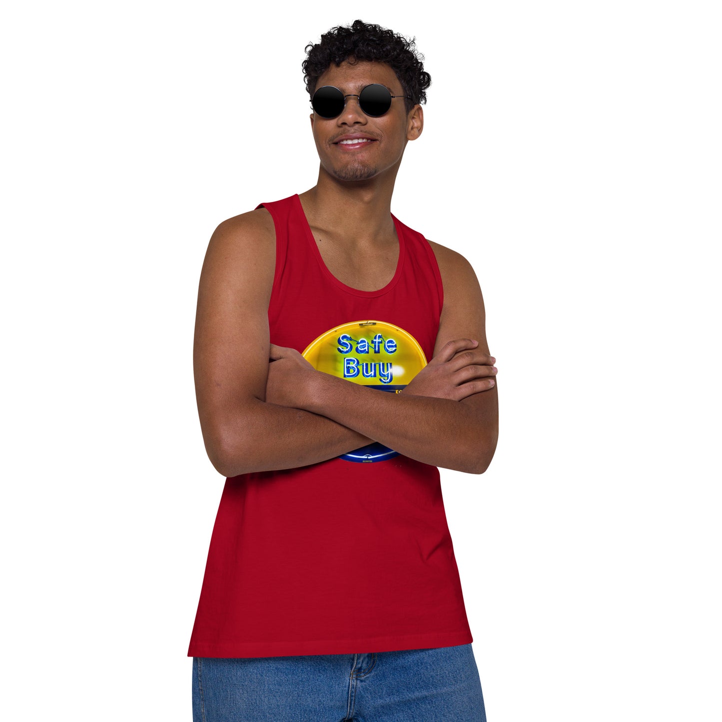 Buy Safe Vintage Used Car Sign Neon Style Men’s premium tank top