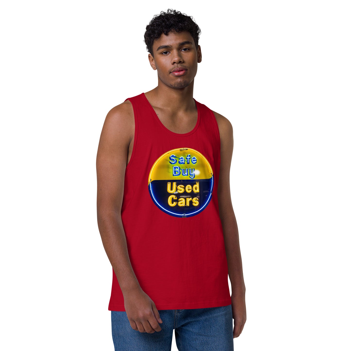 Buy Safe Vintage Used Car Sign Neon Style Men’s premium tank top