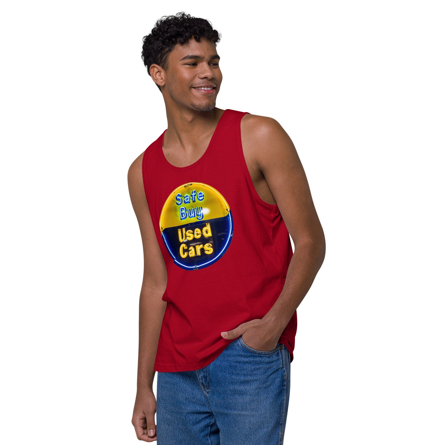Buy Safe Vintage Used Car Sign Neon Style Men’s premium tank top
