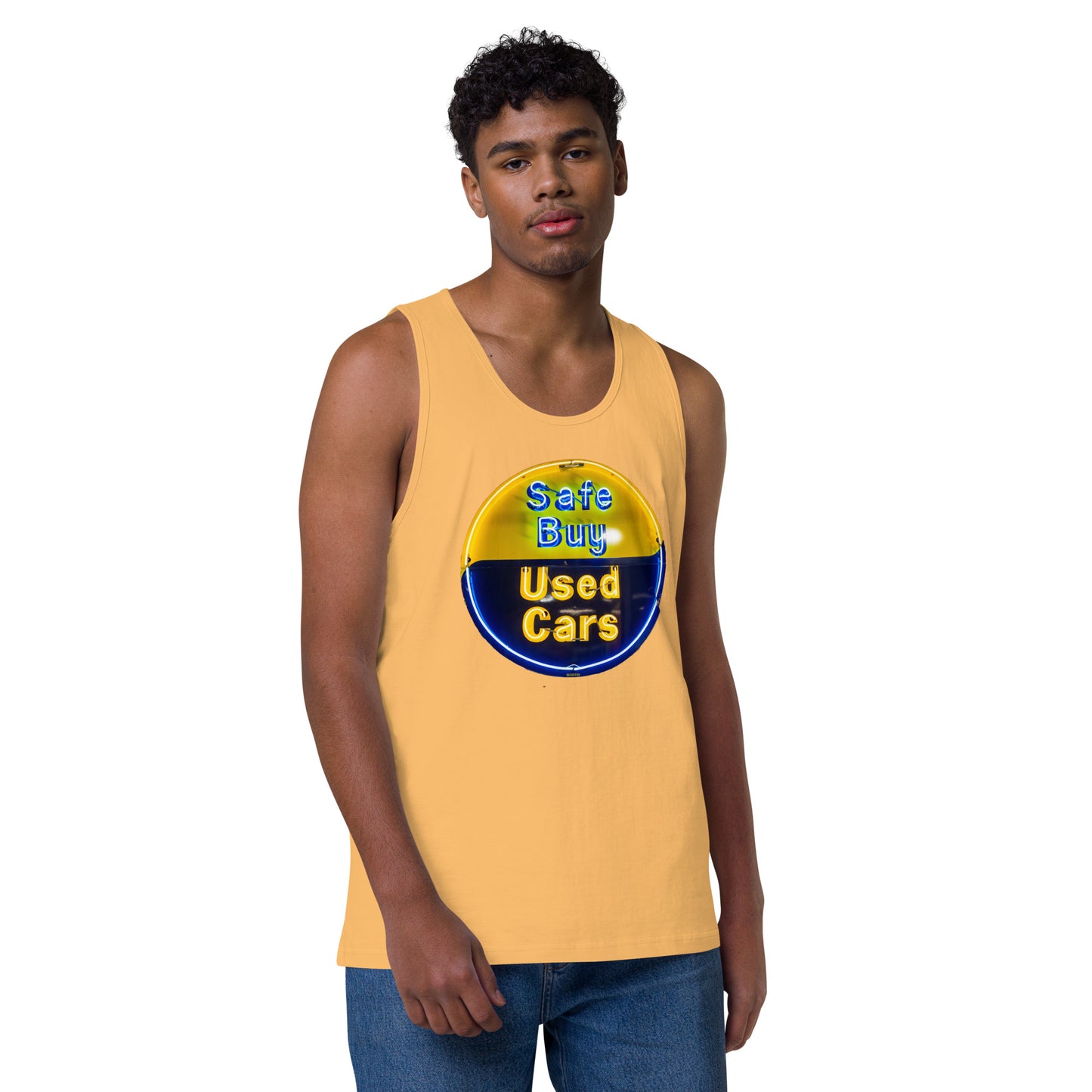 Buy Safe Vintage Used Car Sign Neon Style Men’s premium tank top