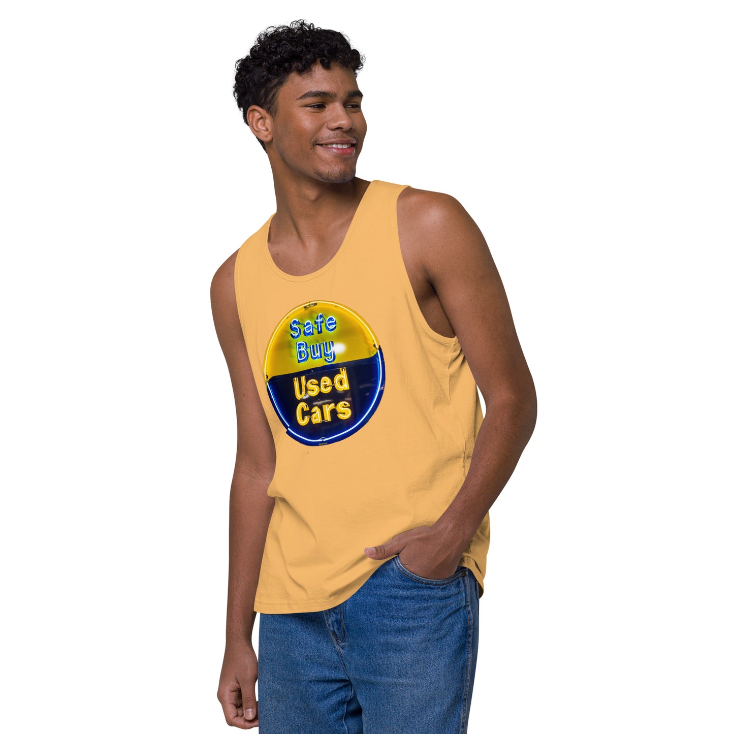 Buy Safe Vintage Used Car Sign Neon Style Men’s premium tank top