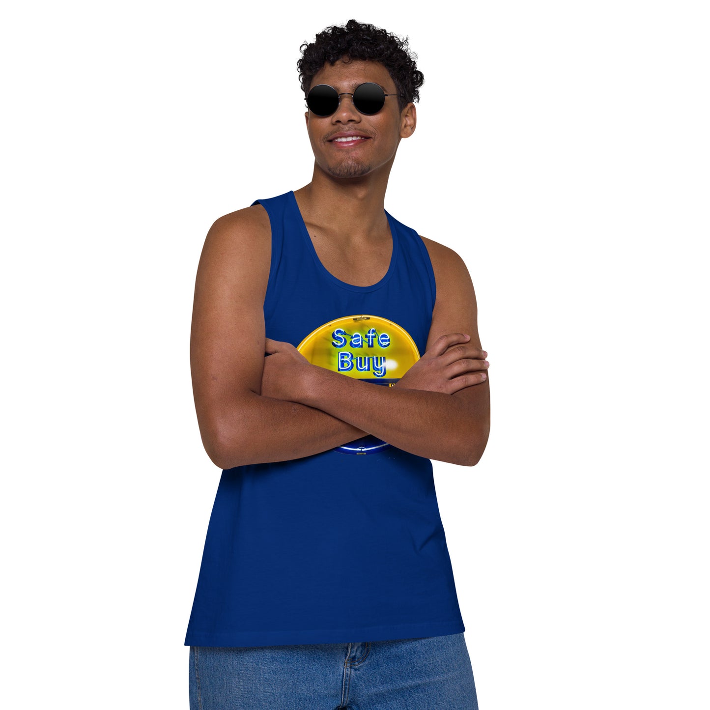 Buy Safe Vintage Used Car Sign Neon Style Men’s premium tank top