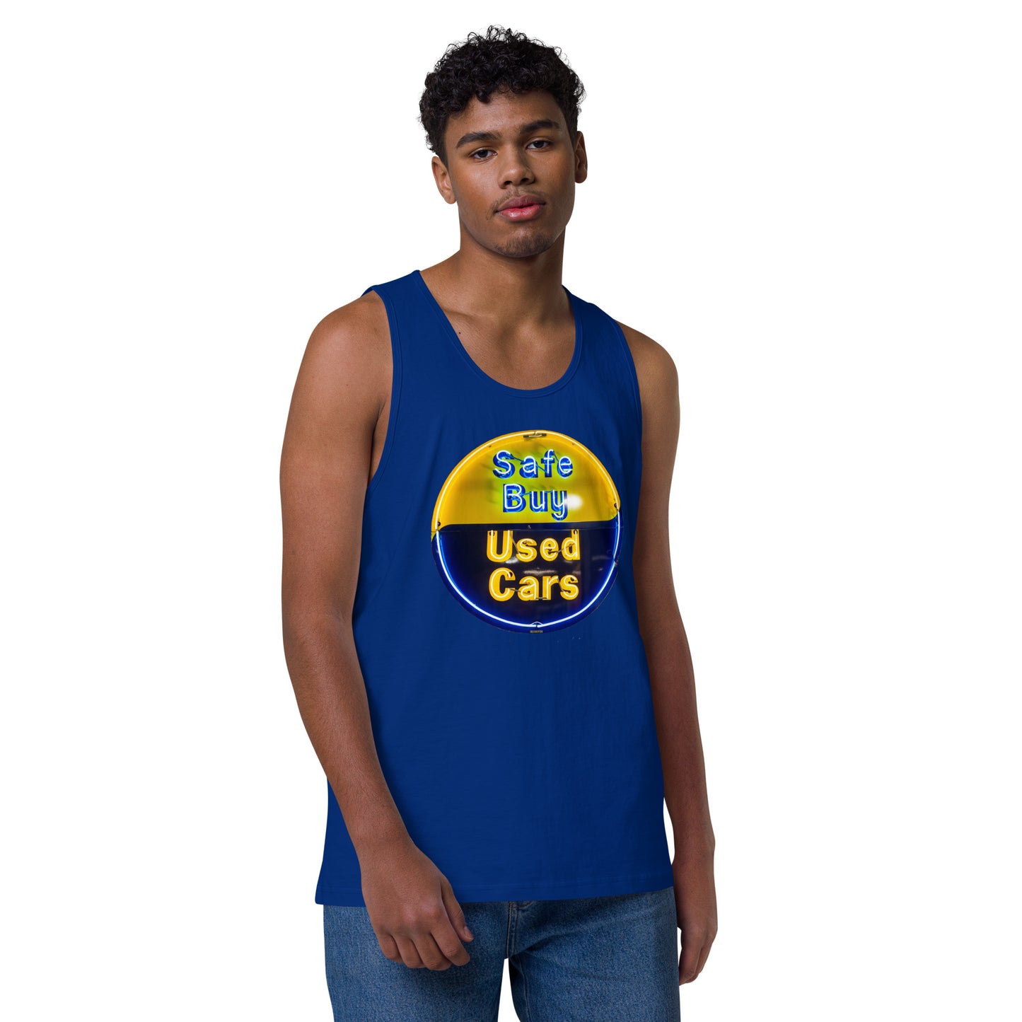 Buy Safe Vintage Used Car Sign Neon Style Men’s premium tank top