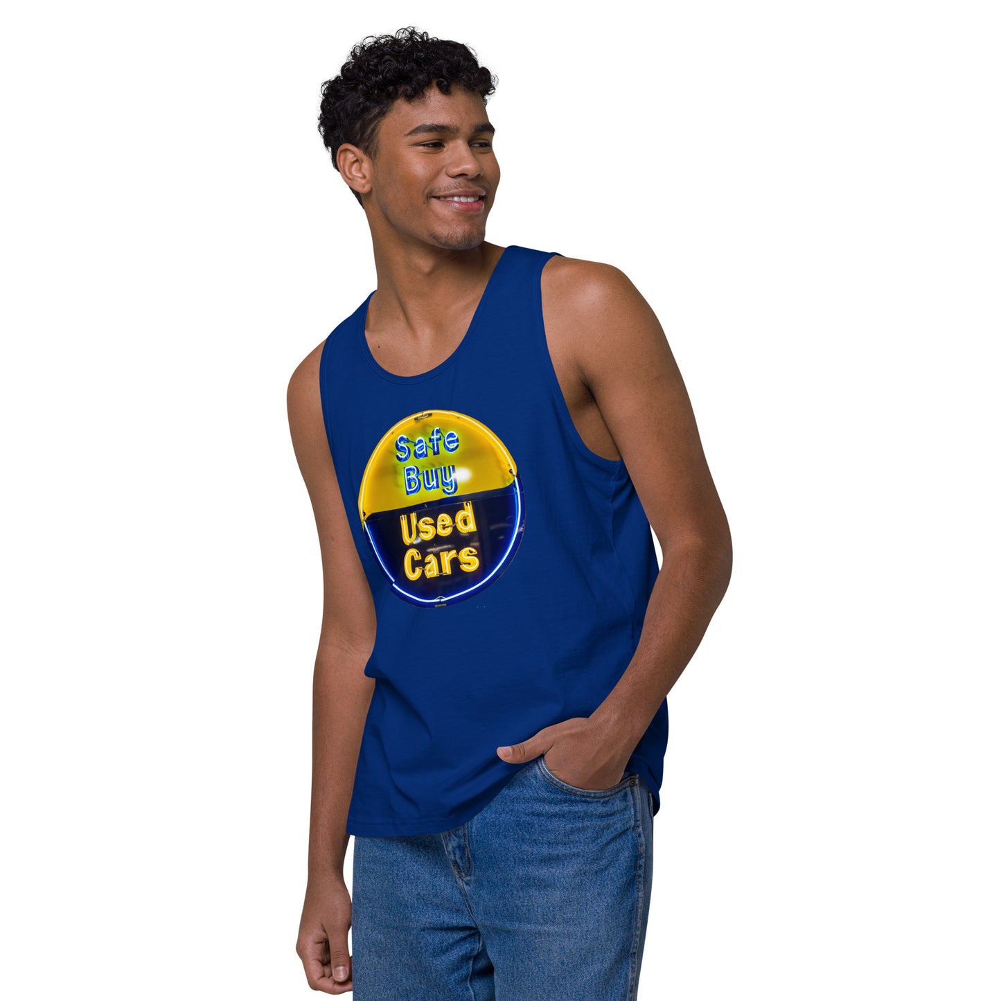 Buy Safe Vintage Used Car Sign Neon Style Men’s premium tank top
