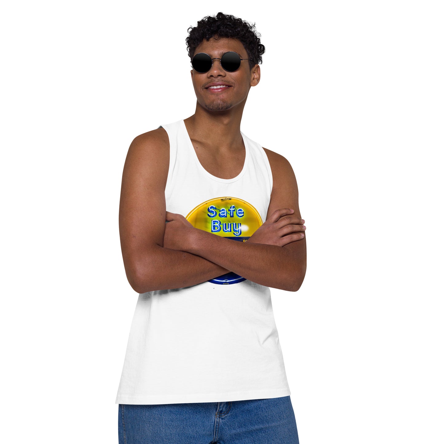 Buy Safe Vintage Used Car Sign Neon Style Men’s premium tank top