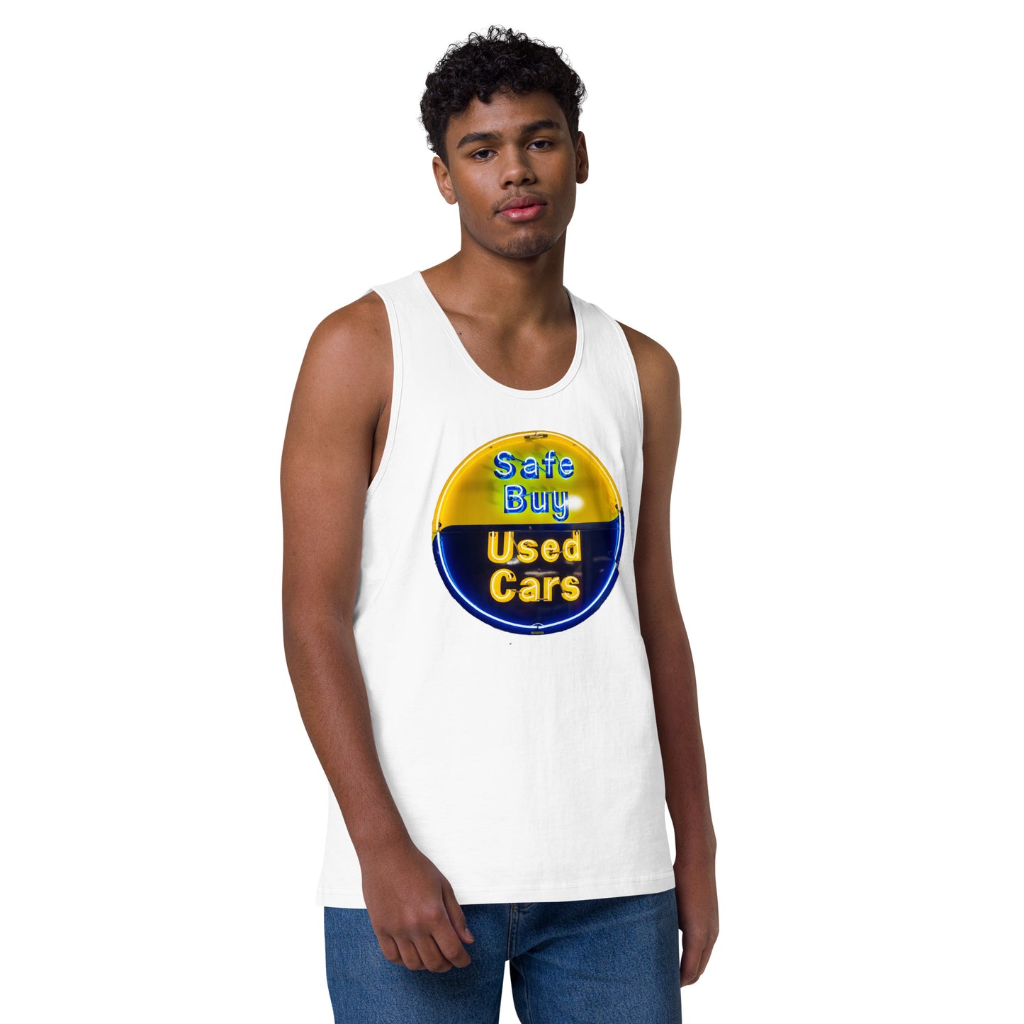 Buy Safe Vintage Used Car Sign Neon Style Men’s premium tank top