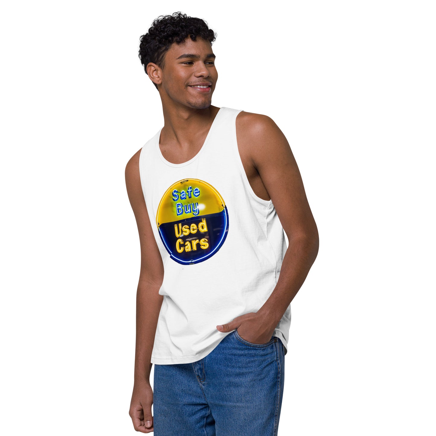 Buy Safe Vintage Used Car Sign Neon Style Men’s premium tank top