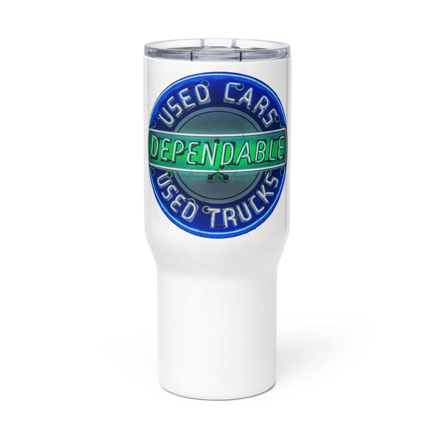 Retro Dependable Used Cars Neon Design Travel mug with a handle