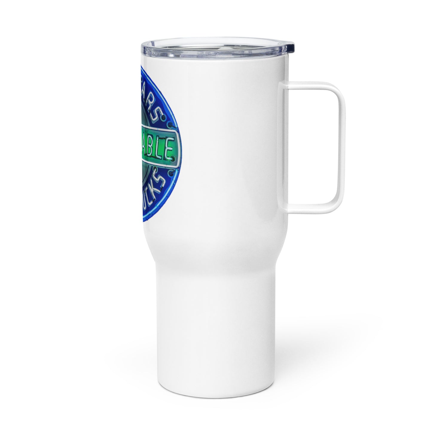Retro Dependable Used Cars Neon Design Travel mug with a handle