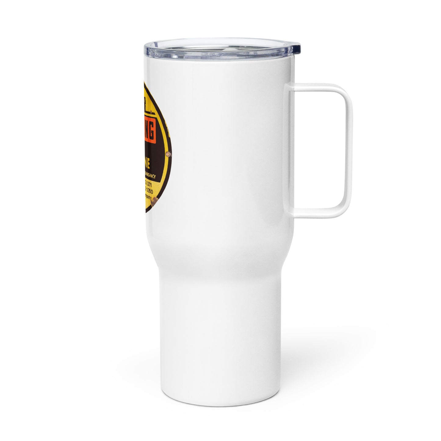 Retro Gas Warning Sign Tin Travel mug with a handle