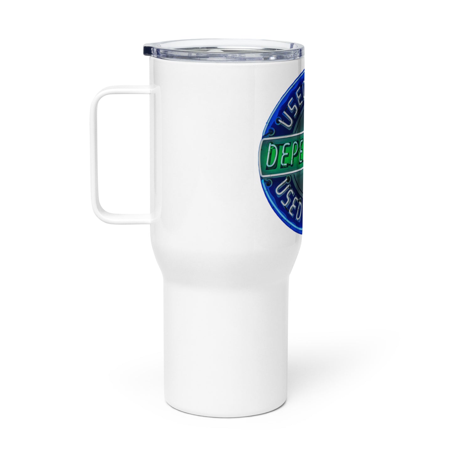Retro Dependable Used Cars Neon Design Travel mug with a handle