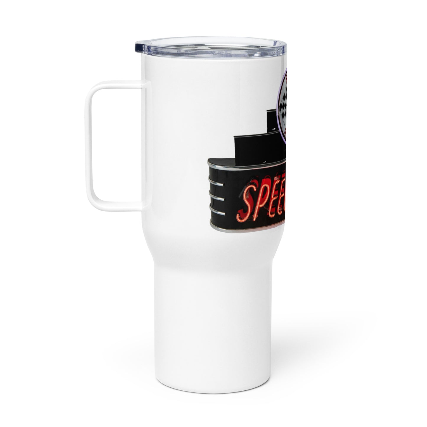 Vintage Neon Speed Shop Sign Travel mug with a handle