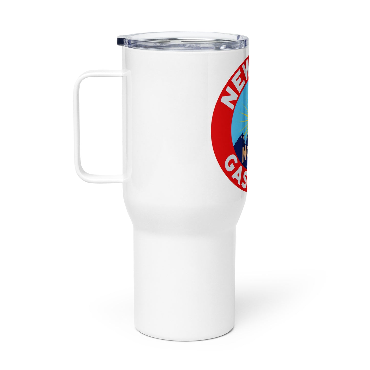 Retro Gas Sign New Era Travel mug with a handle