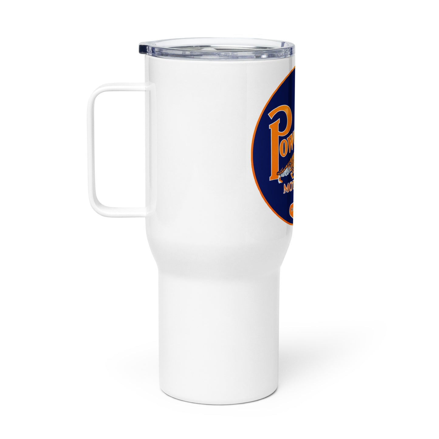 Retro Oil Sign PowerLube Travel mug with a handle