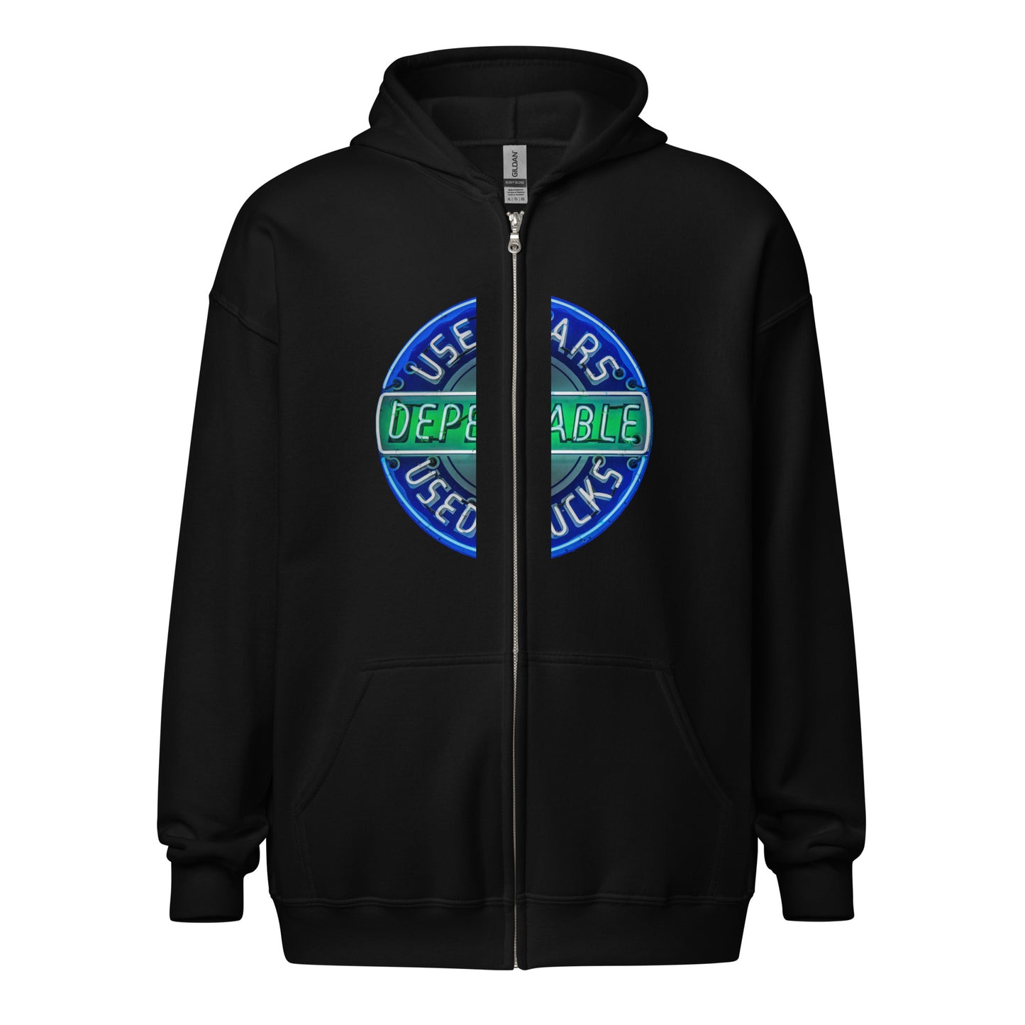 Retro Dependable Used Cars Neon Design Unisex heavy blend zip hoodie