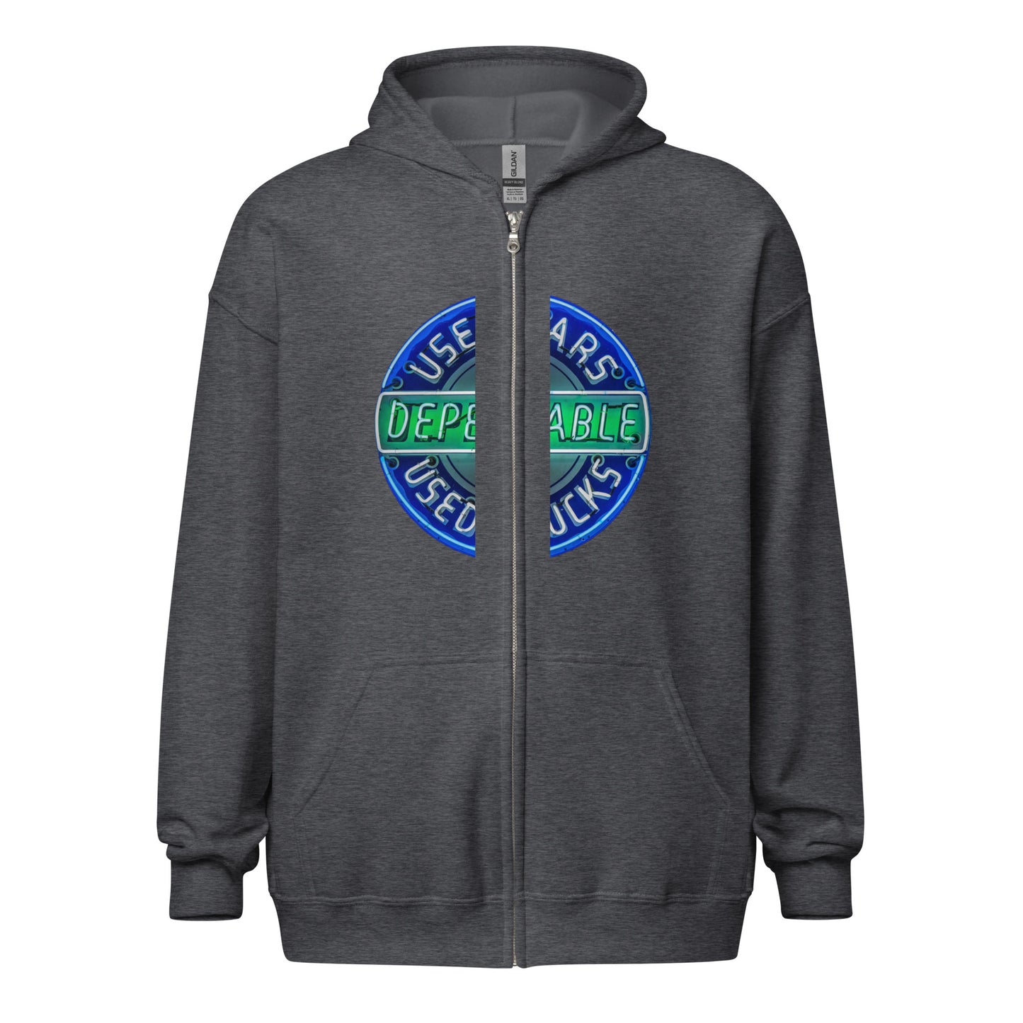 Retro Dependable Used Cars Neon Design Unisex heavy blend zip hoodie