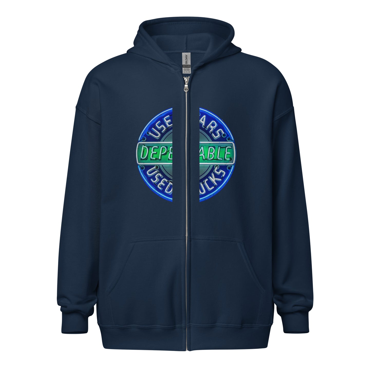 Retro Dependable Used Cars Neon Design Unisex heavy blend zip hoodie
