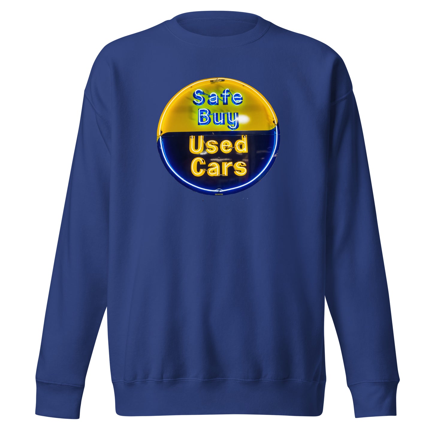 Buy Safe Vintage Used Car Sign Neon Style Unisex Premium Sweatshirt