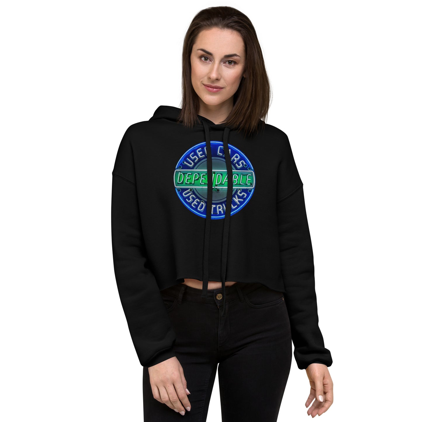 Retro Dependable Used Cars Neon Design Crop Hoodie