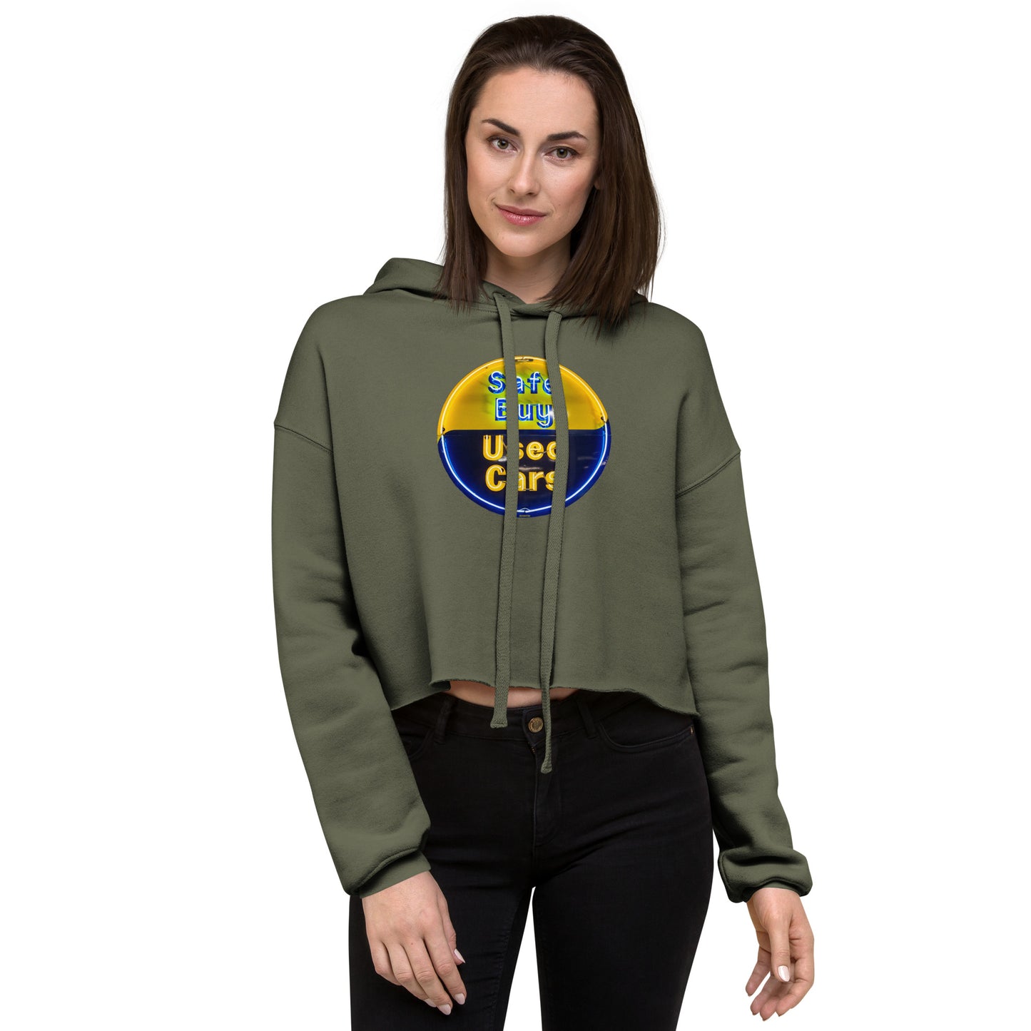 Buy Safe Vintage Used Car Sign Neon Style Crop Hoodie