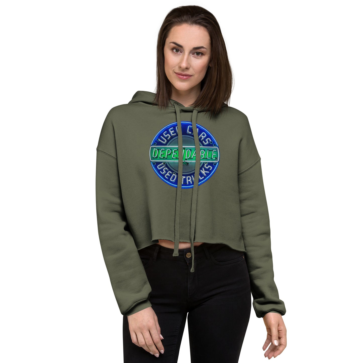 Retro Dependable Used Cars Neon Design Crop Hoodie